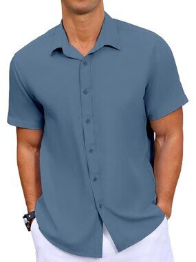 Men's Grey Blue Button Down Short Sleeve Summer Wedding Untucked Shirt